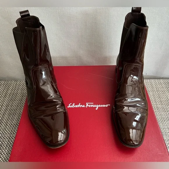 Men's Salvatore Ferragamo Brown Patent Leather Boots